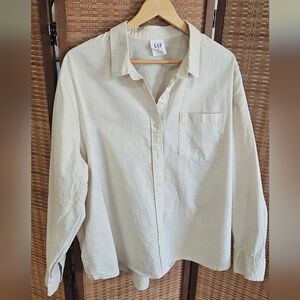 Gap Light Khaki Linen Button Down Pocket Shirt XXL